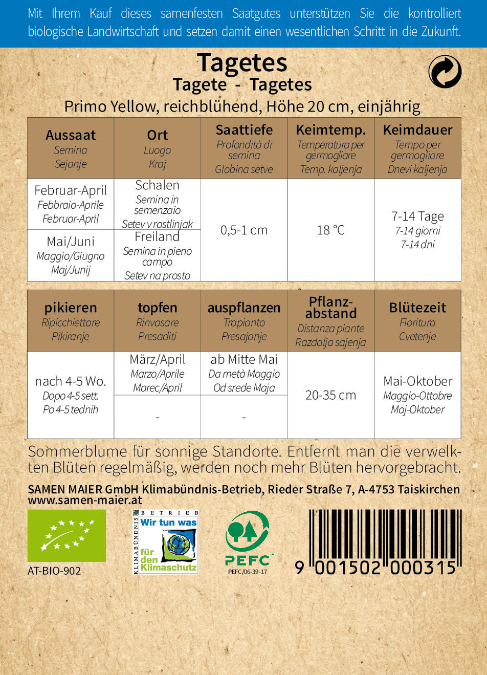 Artikelbild 2 von "BIO Tagetes Primo Yellow einjährig" aus der Kategorie Studentenblumensamen