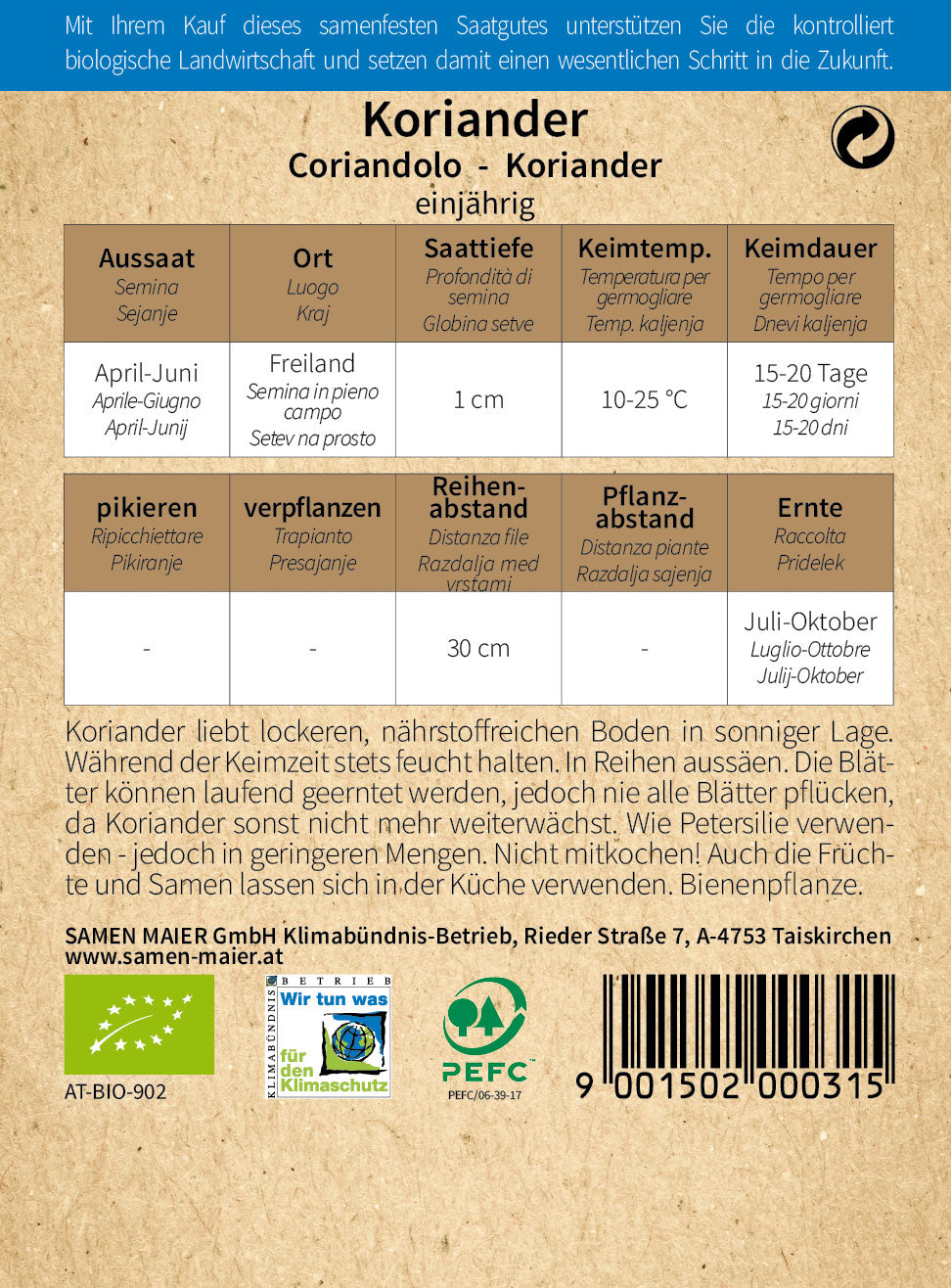 Artikelbild 2 von "BIO Blattkoriander Gewürzkr. einjährig" aus der Kategorie Koriandersamen