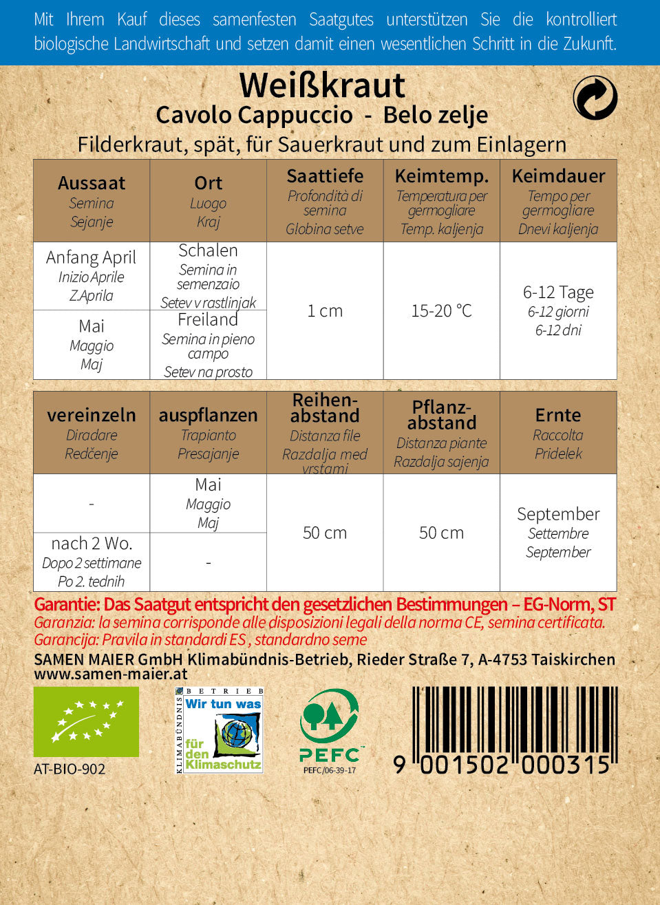 Artikelbild 2 von "BIO Weißkraut Spitz-Filderkraut spät" aus der Kategorie Weißkohlsamen