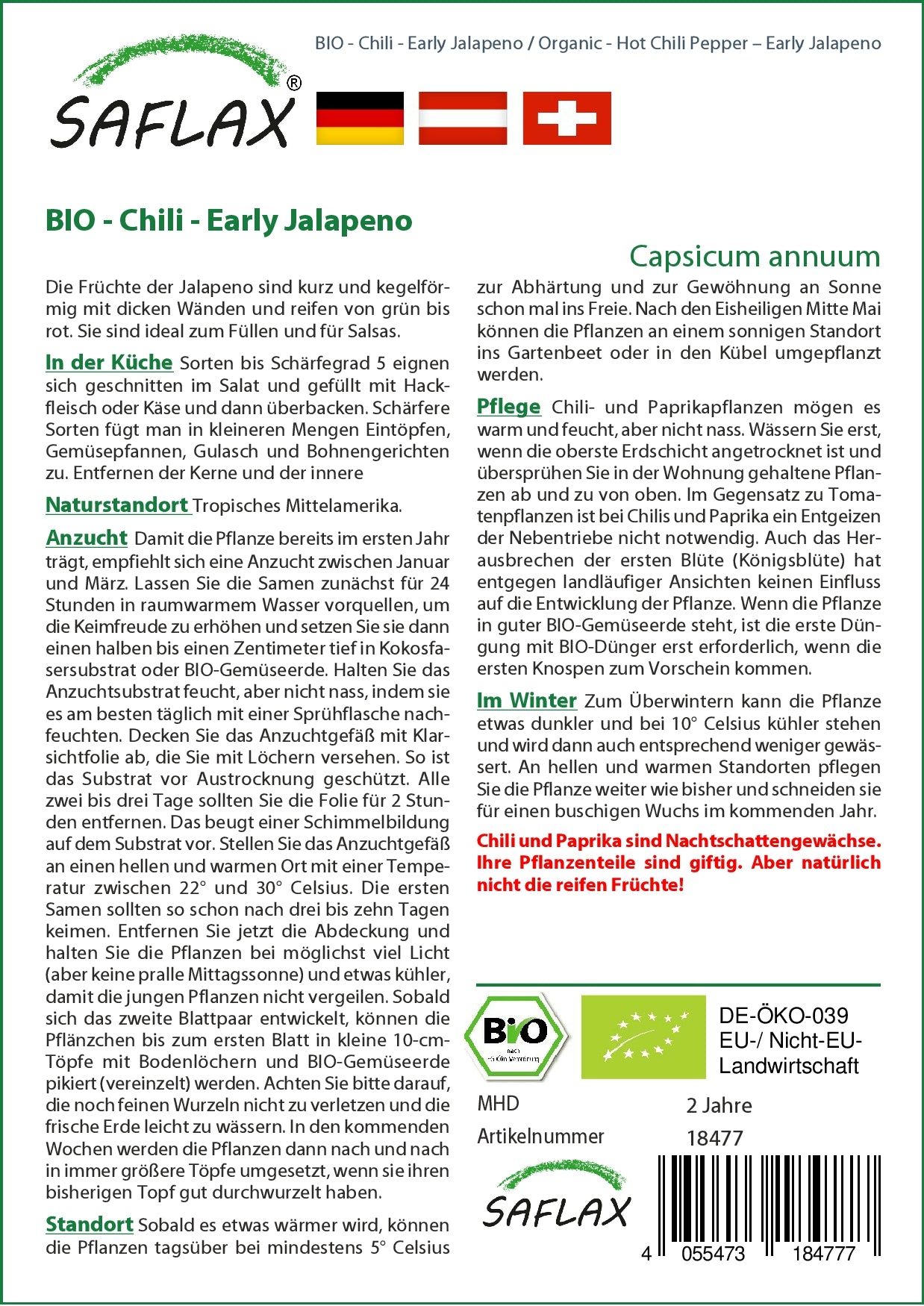 Artikelbild 2 von "BIO Chili Early Jalapeno" aus der Kategorie Gemüsesamen