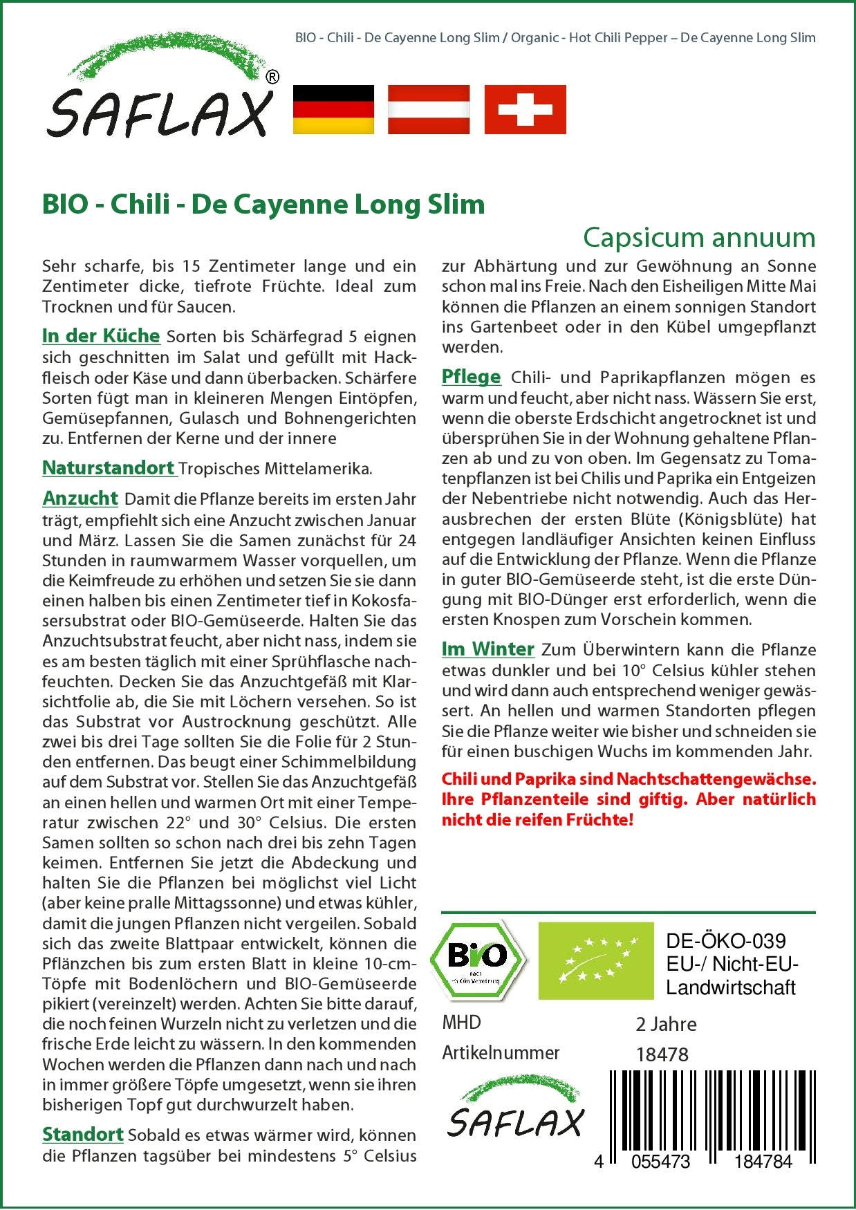 Artikelbild 2 von "BIO Chili De Cayenne Long Slim" aus der Kategorie Gemüsesamen