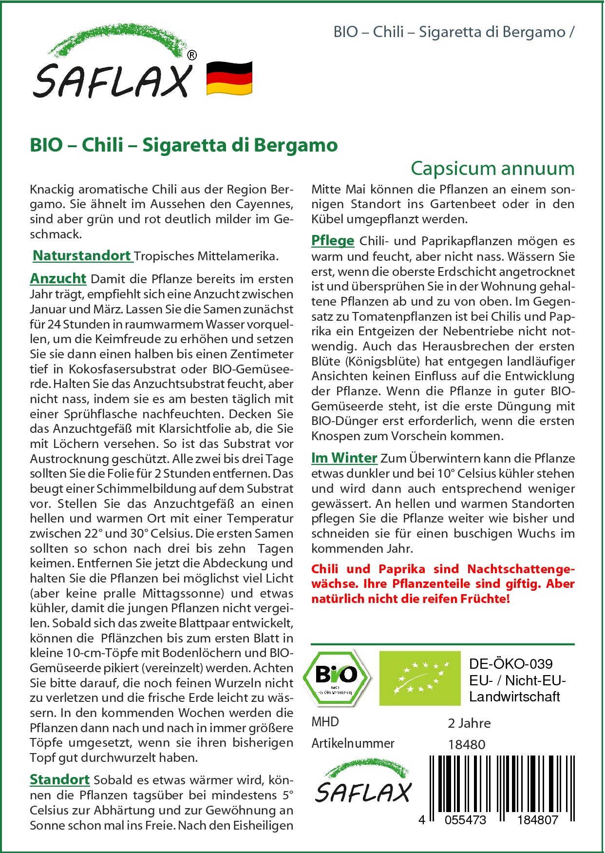 Artikelbild 3 von "BIO Chili Sigaretta di Bergamo" aus der Kategorie Gemüsesamen