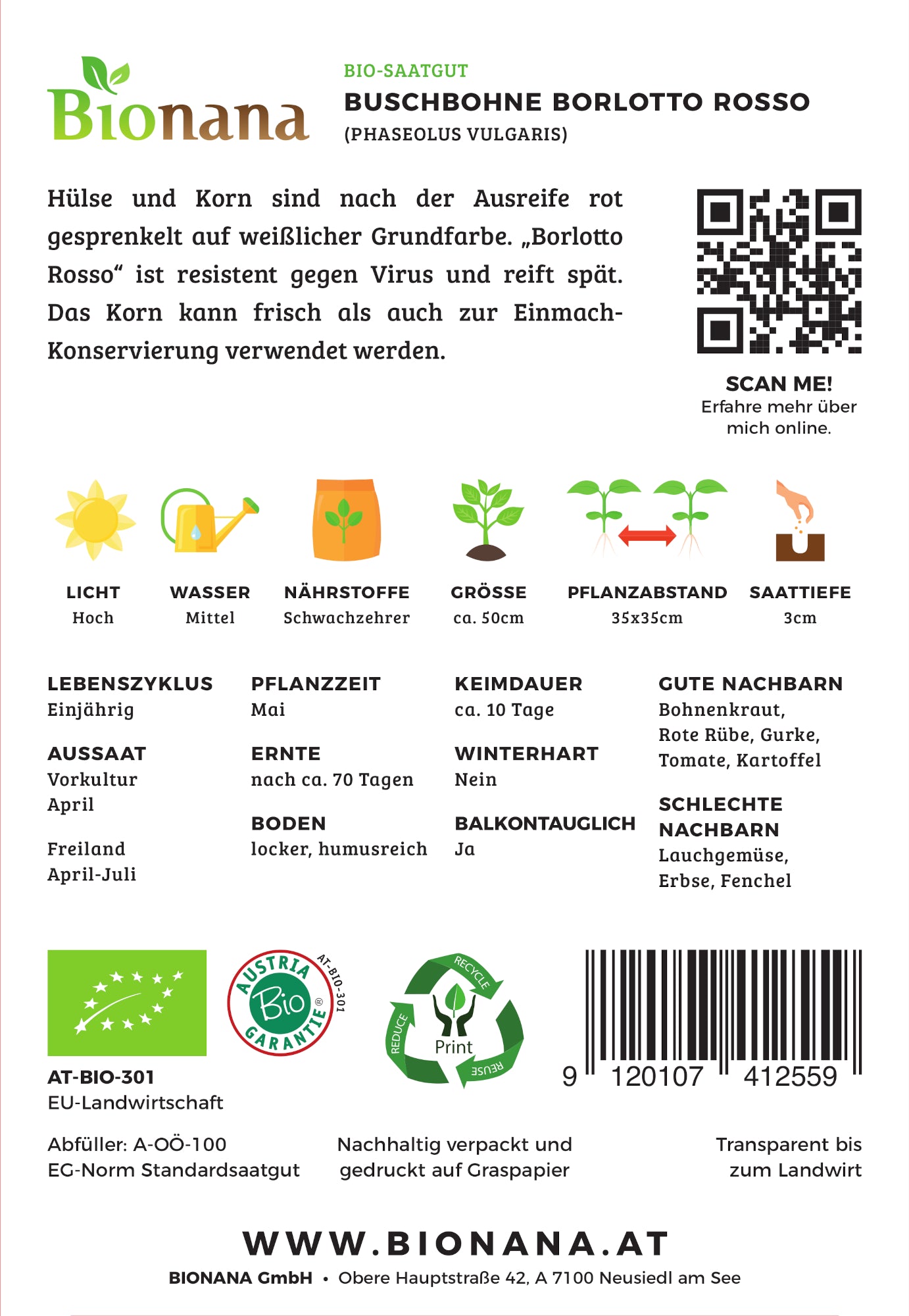 Buschbohne Borlotto Rosso | BIO Buschbohnensamen von Bionana