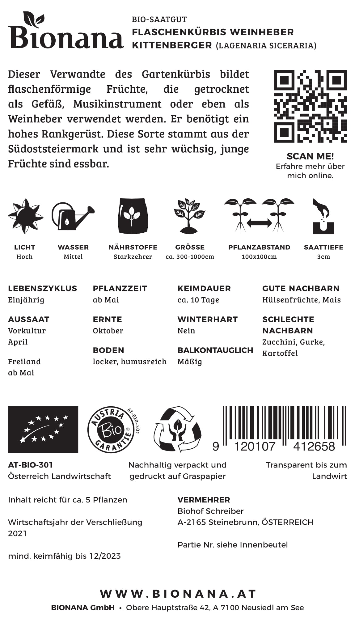 Flaschenkürbis Weinheber Kittenberger | BIO Flaschenkürbissamen von Bionana