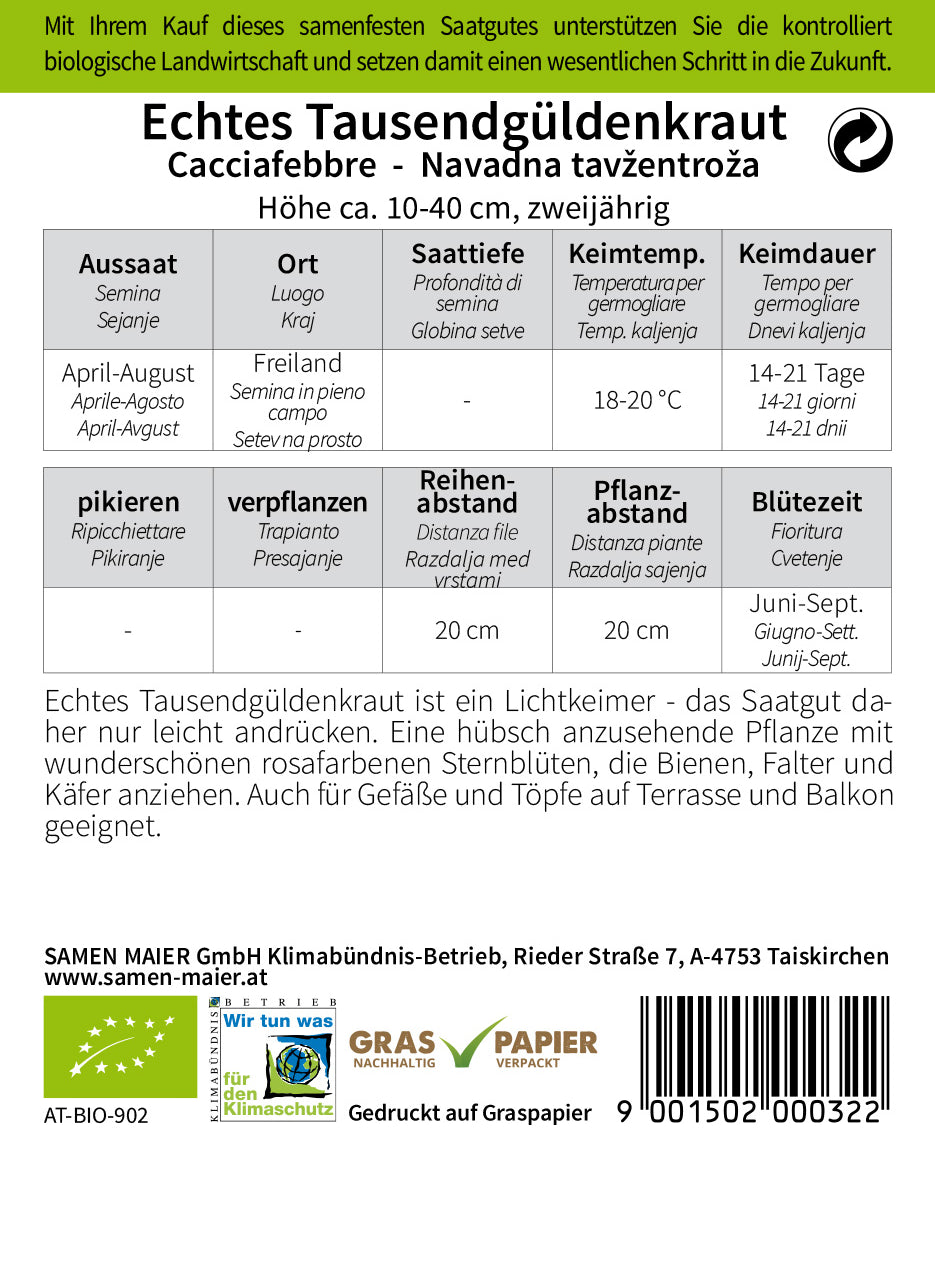 Artikelbild 2 von "BIO Wildblüte Echtes Tausendgüldenkraut" aus der Kategorie Heilpflanzensamen