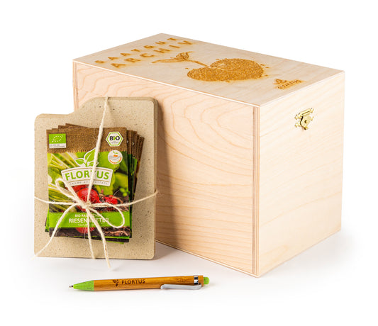 Gemüse Saatgut Archiv Holzbox (10 Tütchen + Register) | BIO Gemüsesamen-Sets von FLORTUS