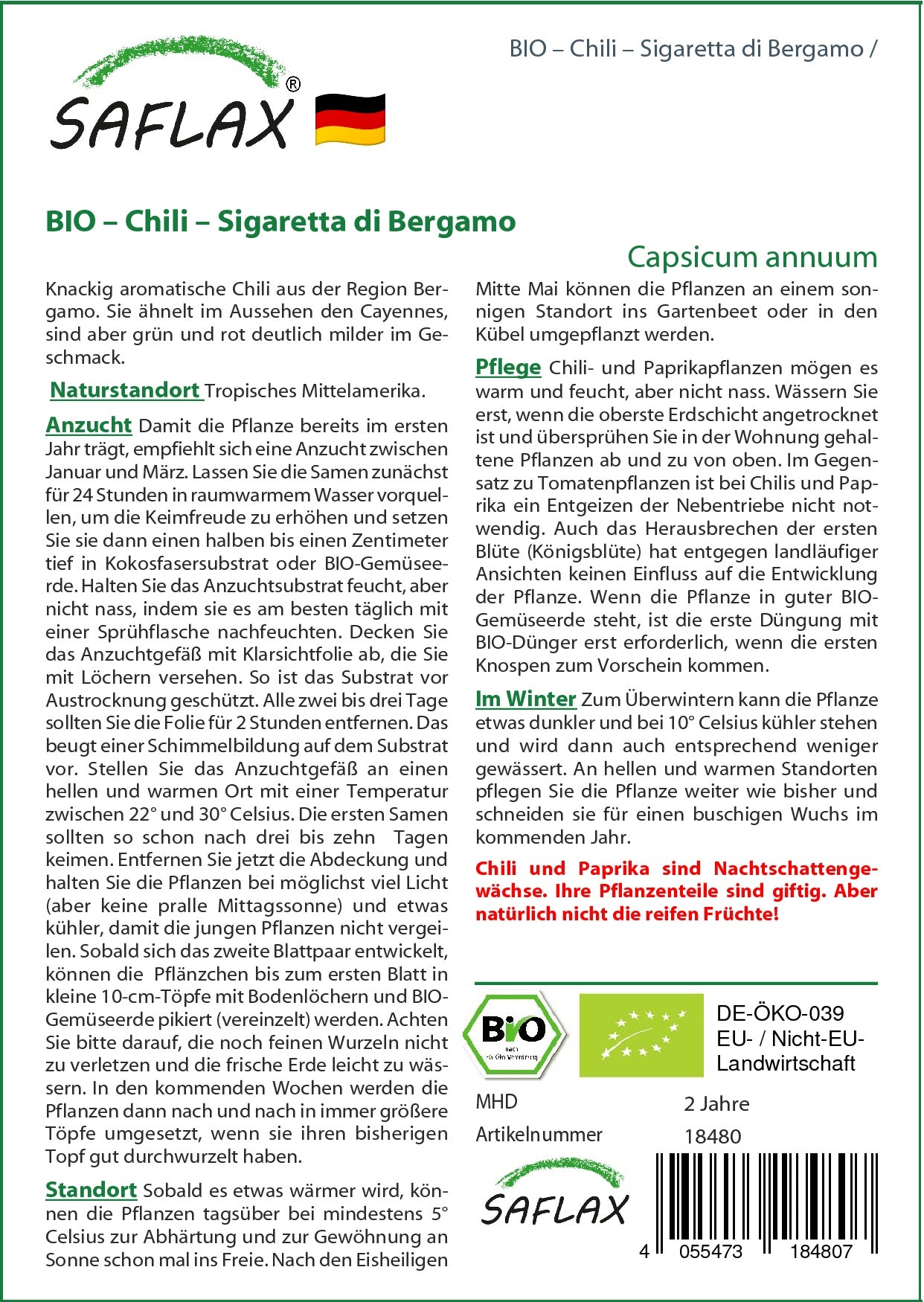 Chili Sigaretta di Bergamo | BIO Chilisamen von Saflax