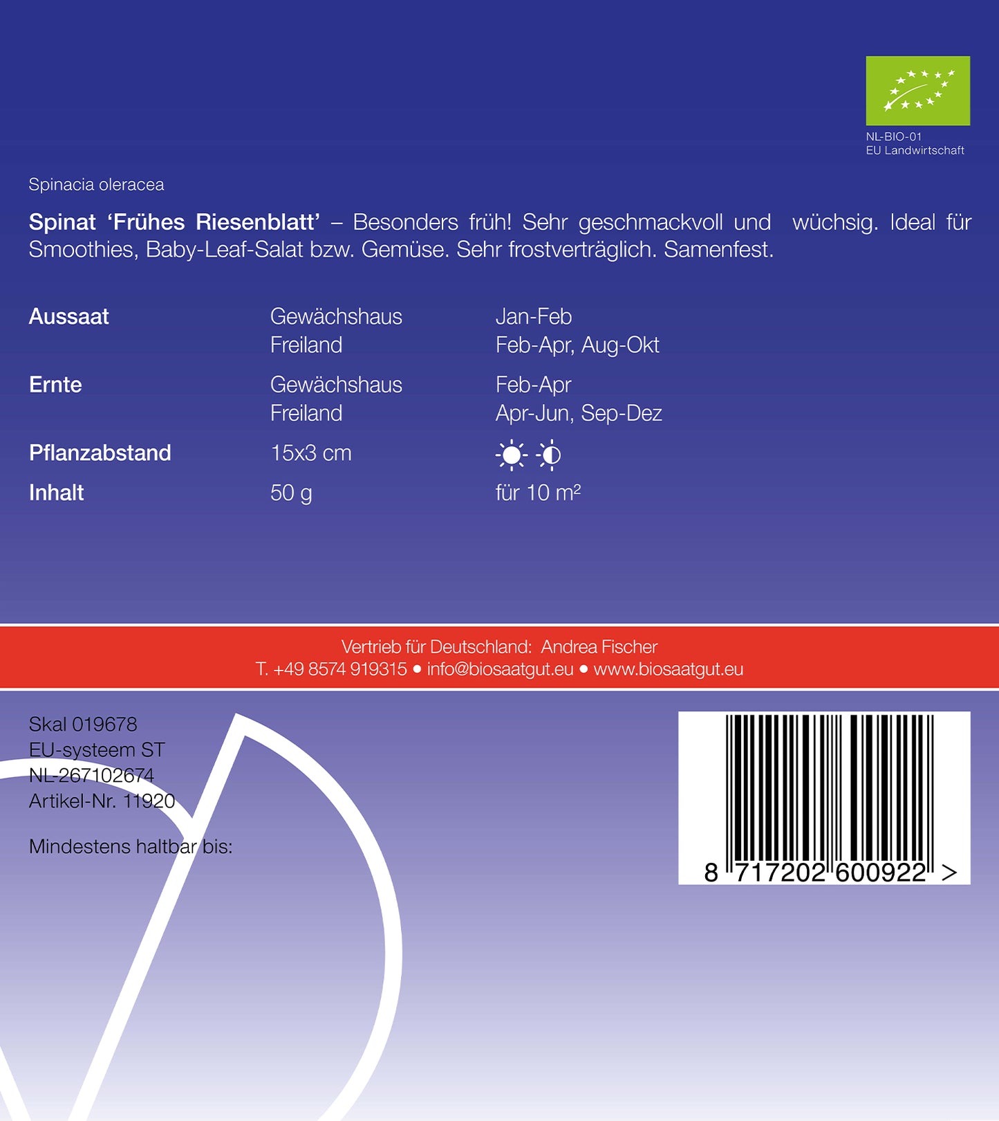 Spinat Frühes Riesenblatt | BIO Spinatsamen von De Bolster