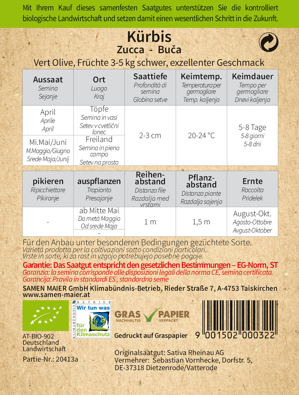 Kürbis Vert Olive | BIO Kürbissamen von Samen Maier [MHD 12/2023]