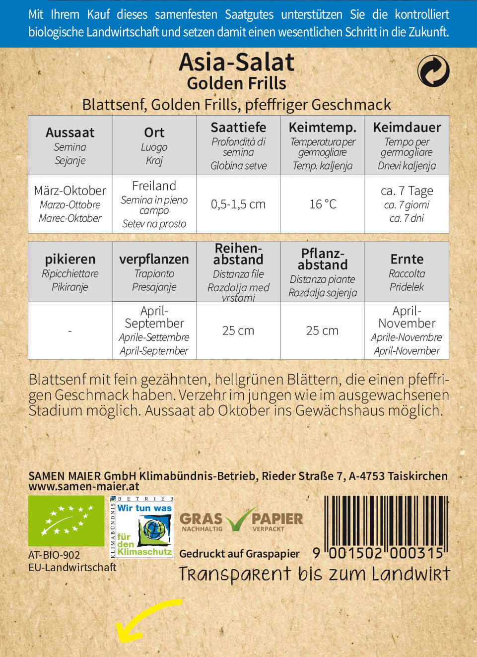 Asia - Salat Blattsenf Golden Frills | BIO Asiasalatsamen von Samen Maier