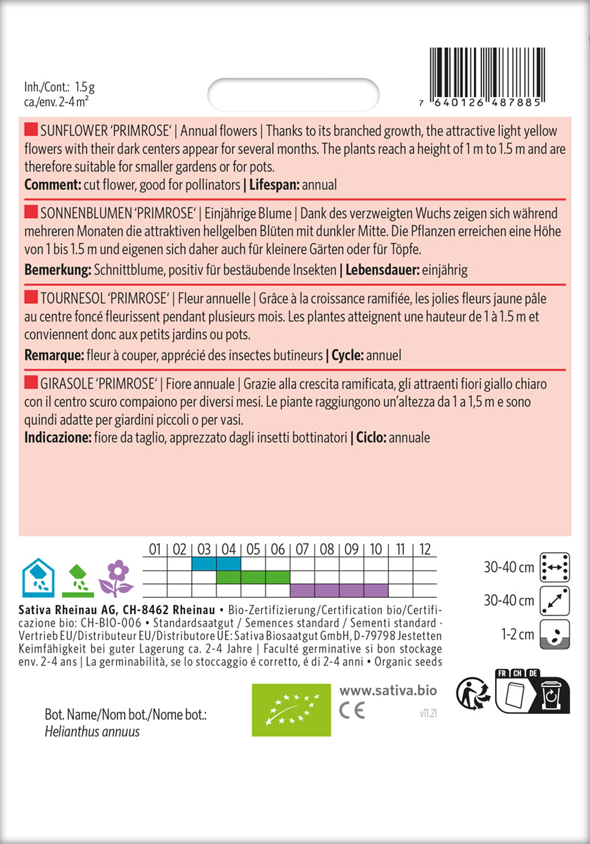 Sonnenblume Primrose | BIO Sonnenblumensamen von Sativa Rheinau [MHD 12/2024]