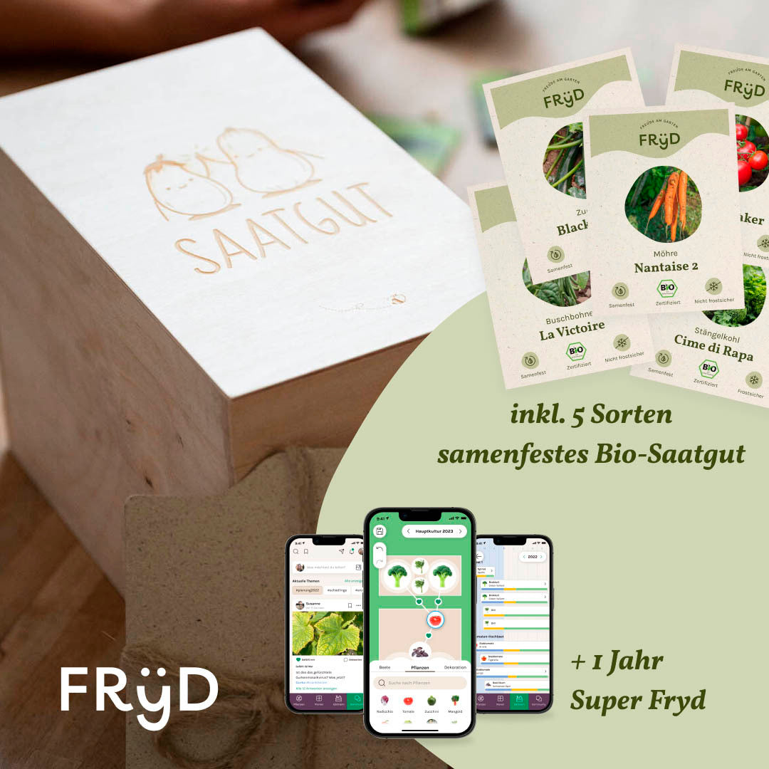 Fryd Holz-Saatgutkiste inkl. 5 Päckchen BIO-Saatgut und Registern + 1 Jahr Super Fryd